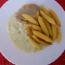Por v smetanovi omaki, pečeni svaljki, svinjski zrezki