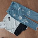 jeans hlače + zg del s kapuco, pajkice podarim, skupaj cena 10 eur