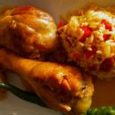 Žafranov riž z svežo papriko in marinirana puranja bedra v curry omaki