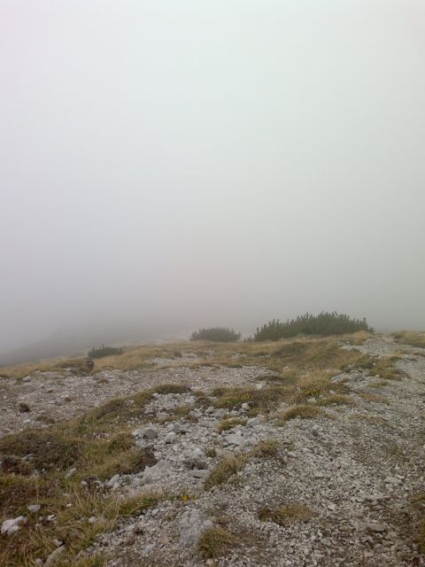 Sestop z Bašeljskega vrha proti sedlu, zadaj Storžič - za meglo