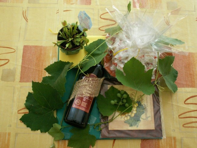 ...slika s servietno, skodelica iz DAS mase- trtin list, vino, mesojedka in čestitka.